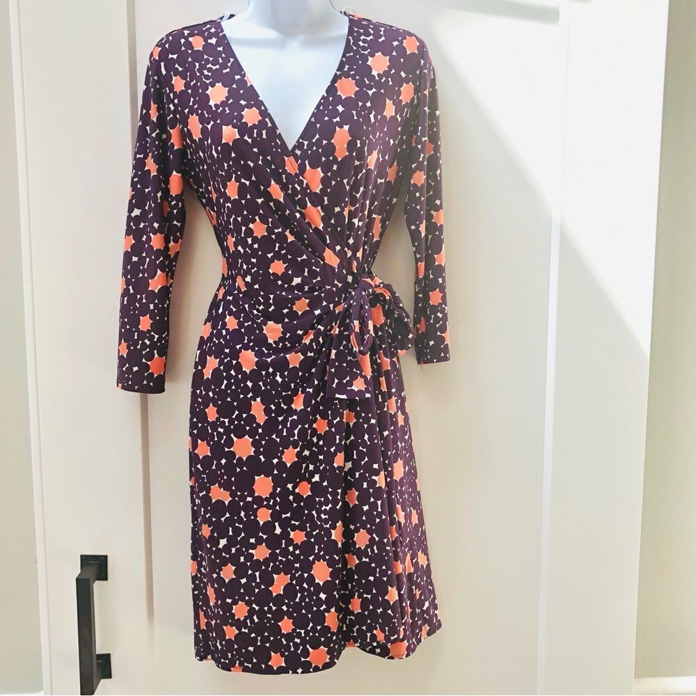 Donna Morgan purple pattern wrap tie dress woman’s size 4